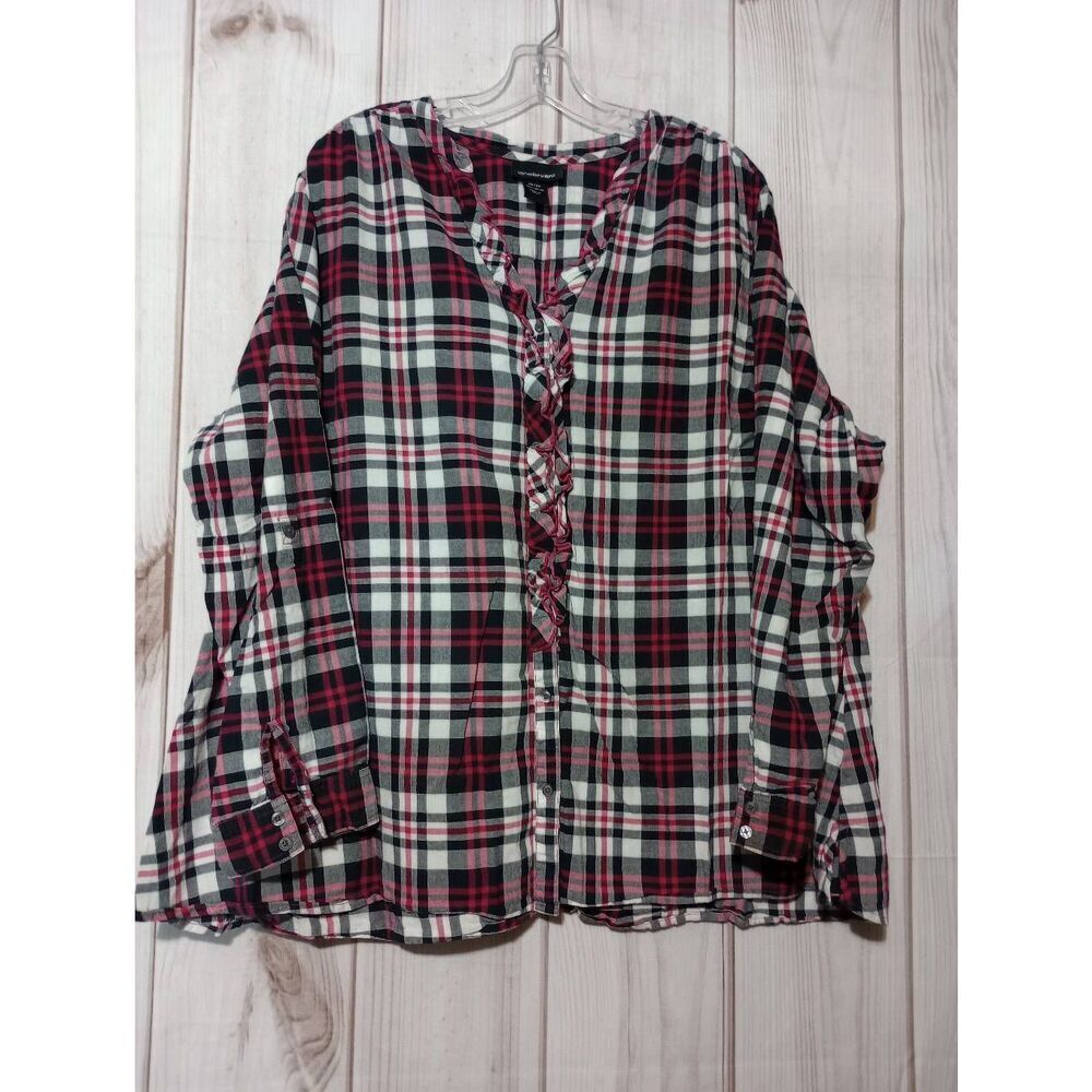 Lane Bryant Shirt Ladies 26 Pink Black Plaid Ruffle Button Front Adjustable Slee